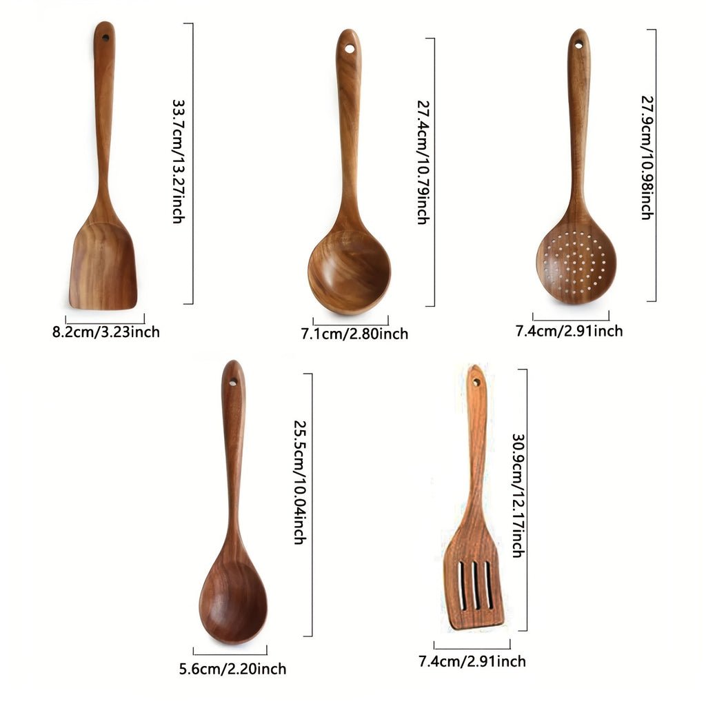 Conjunto de 3/5 Colheres de Madeira para Cozinha com Espátula para Wok, Utensílios de Cozinha em Teca Natural - Espátula, Escumadeira e Conjunto de Conchas, Ideal para o Natal, Perfeito para o Dia de Ação de Graças