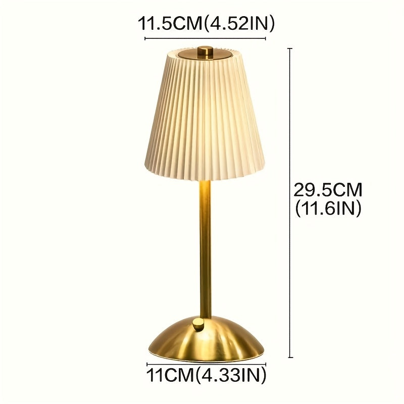 Luminária de Mesa LED Moderna com Pregas, Toque para Ligar/Desligar, 3 Temperaturas de Cor, Brilho Ajustável, Recarregável via USB (Sem Plugue), Uso Interno, Base de Metal, Abajur de Tecido Pregado - Luminária para Casa e Escritório