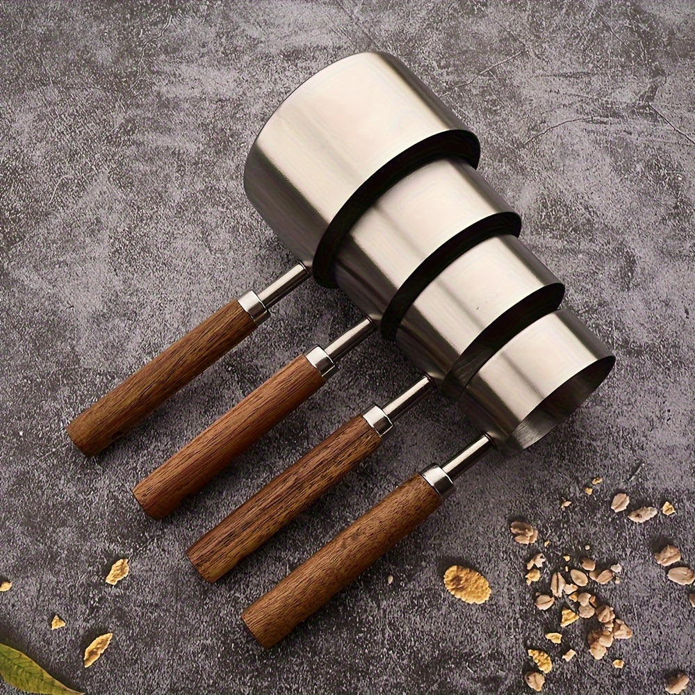 Conjunto de 1/4/8 unidades de Copos e Colheres de Medição com Cabo de Madeira de Acácia - Utensílios e Acessórios de Cozinha para Pastelaria com Ponta Prateada