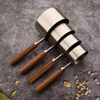 Conjunto de 1/4/8 unidades de Copos e Colheres de Medição com Cabo de Madeira de Acácia - Utensílios e Acessórios de Cozinha para Pastelaria com Ponta Prateada