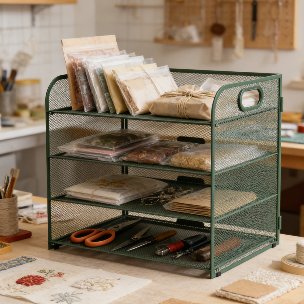 Organizador de secretária multifuncional de 3/4/5 níveis com pega, bandeja para documentos, organizador de secretária em malha, bandeja de armazenamento, rack de ordenação de pastas, organizador de cosméticos, perfeito para escritórios, escolas e casas (Verde)