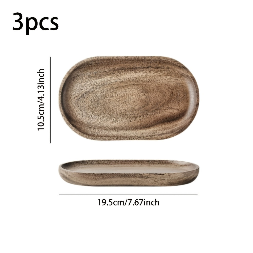 Conjunto de 3 / 1 peça de Bandeja de Servir Artesanal em Madeira de Acácia | Aestheticismo Japonês com Grão de Madeira Natural, Prato de Madeira Versátil Adequado para Pequeno-Almoço na Cama / Chá da Tarde / Festa de Sushi / Decoração Minimalista para Casa