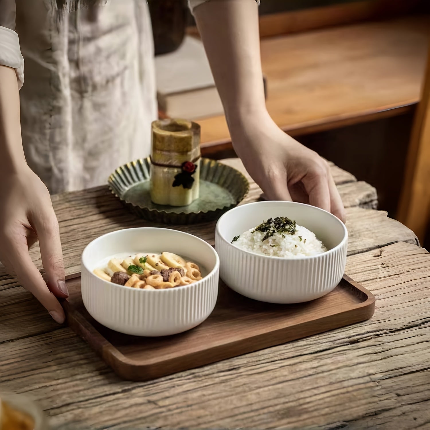 4/6 unidades, Tigelas de Grãos, Tigelas de Sopa, Tigelas sem Borda às Riscas. Utensílios de Cozinha, Acessórios de Servir. Adequado para Grãos, Sopa, Sobremesas, Noodles. Cor: Branco
