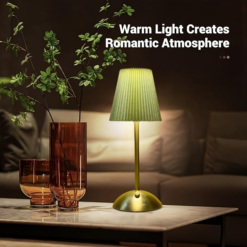 Luminária de Mesa LED Moderna com Pregas, Toque para Ligar/Desligar, 3 Temperaturas de Cor, Brilho Ajustável, Recarregável via USB (Sem Plugue), Uso Interno, Base de Metal, Abajur de Tecido Pregado - Luminária para Casa e Escritório
