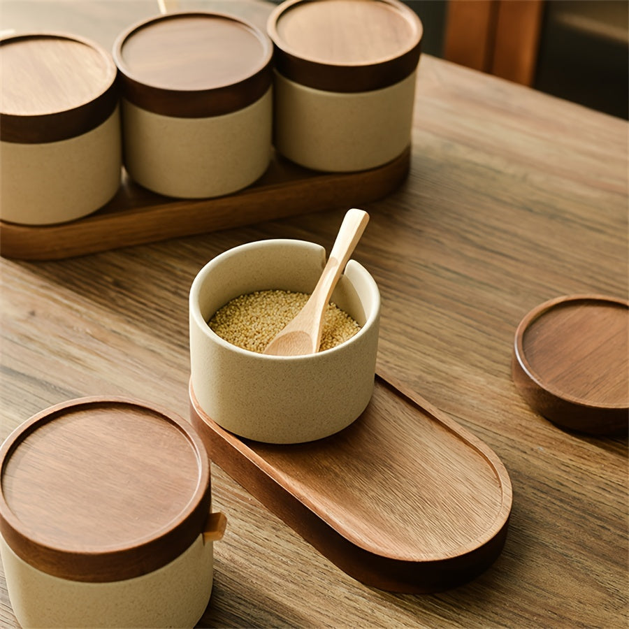 Pote de Especiarias de Cerâmica Grossa Estilo Japonês, Recipiente para Condimentos para Cozinha e Sala de Jantar, Frasco de Armazenamento de Sal e Açúcar, Mini Frasco de Especiarias com Colher, Adequado para Cozinha, Restaurante, Etc.