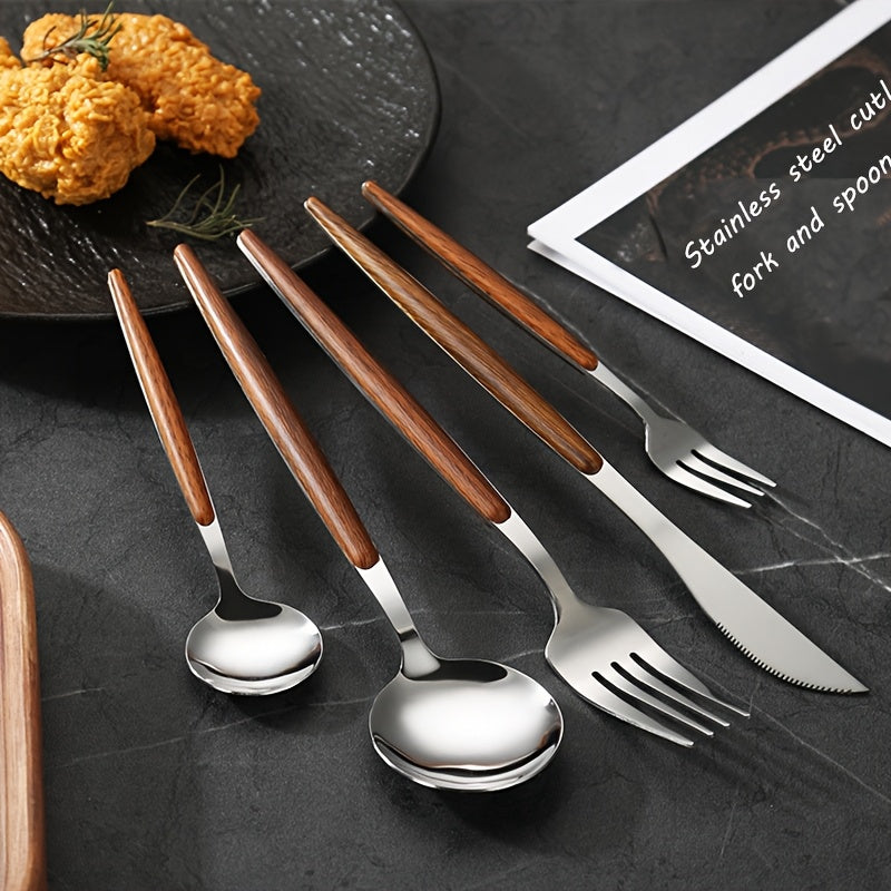 Conjunto de Talheres Portugueses de 10/20/30 Peças, Incluindo Facas de Jantar, Garfos de Jantar, Colheres de Sopa, Colheres de Chá e Garfinhos de Chá, com Design de Cabo com Textura de Madeira Sintética, Pode Ser Lavado na Máquina de Lavar Louça, Adequado para Várias Ocasiões como Casa, Cozinha