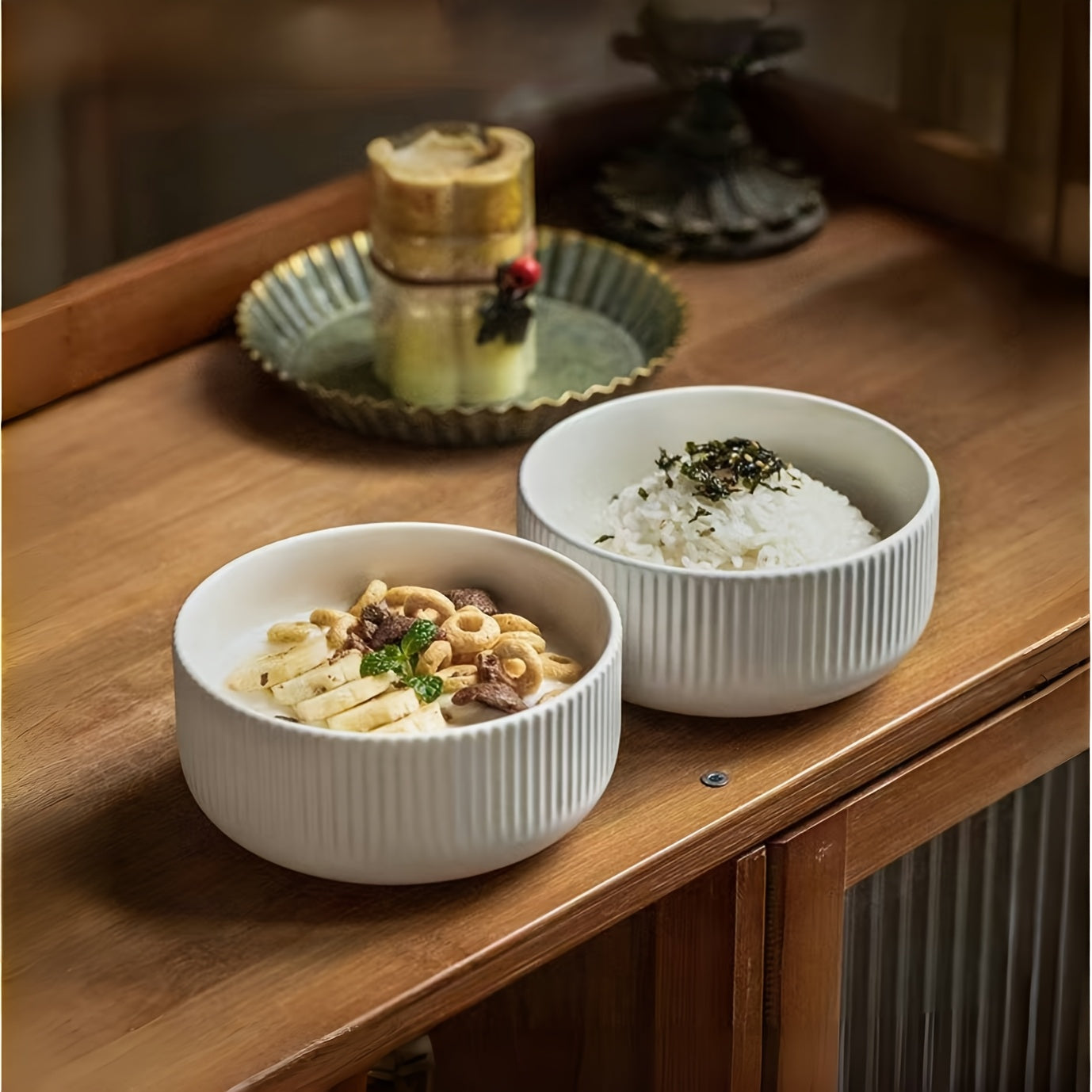 4/6 unidades, Tigelas de Grãos, Tigelas de Sopa, Tigelas sem Borda às Riscas. Utensílios de Cozinha, Acessórios de Servir. Adequado para Grãos, Sopa, Sobremesas, Noodles. Cor: Branco