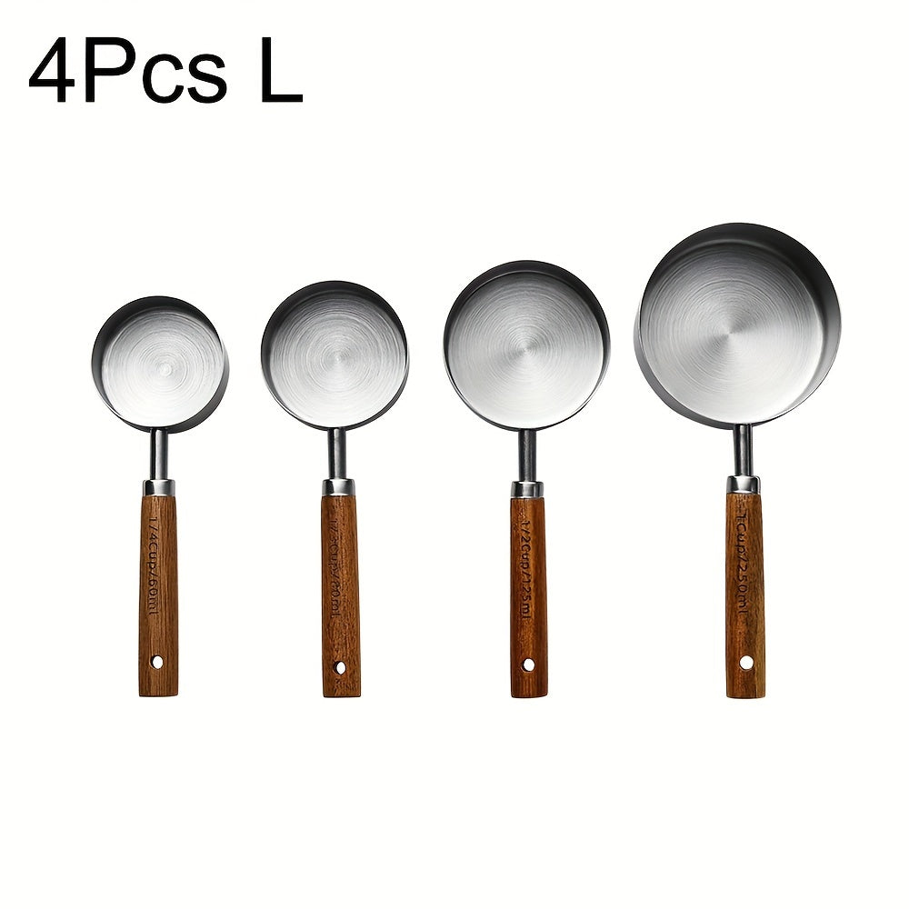 Conjunto de 1/4/8 unidades de Copos e Colheres de Medição com Cabo de Madeira de Acácia - Utensílios e Acessórios de Cozinha para Pastelaria com Ponta Prateada