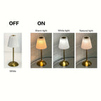 Luminária de Mesa LED Moderna com Pregas, Toque para Ligar/Desligar, 3 Temperaturas de Cor, Brilho Ajustável, Recarregável via USB (Sem Plugue), Uso Interno, Base de Metal, Abajur de Tecido Pregado - Luminária para Casa e Escritório