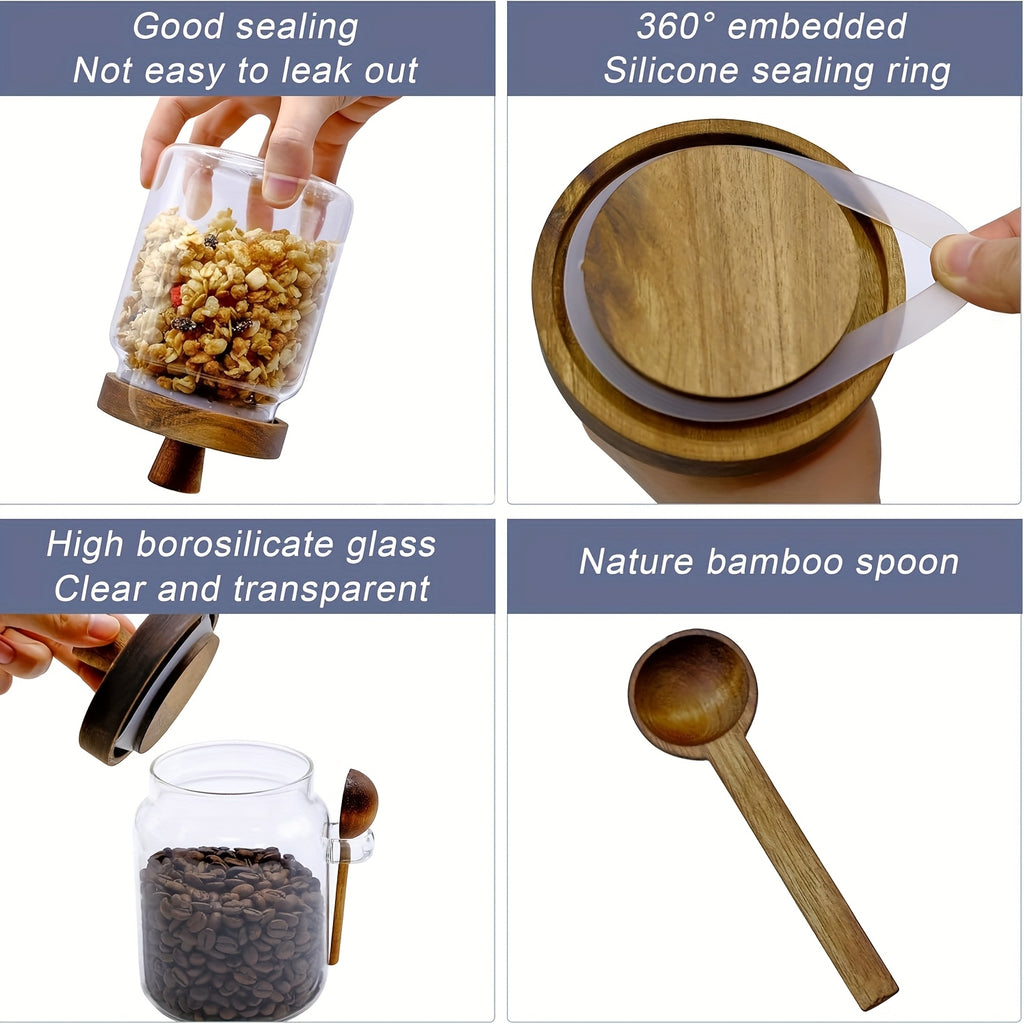 Um Frasco de Vidro com Tampa de Madeira e um Frasco Transparente com Colher, Projetado para Armazenamento de Alimentos na Cozinha, Incluindo Café, Chá, Açúcar e Frascos Decorativos de Organização de Bancada (450Ml-750Ml), Frascos de Especiarias, Recipientes para Papas de Aveia de Noite