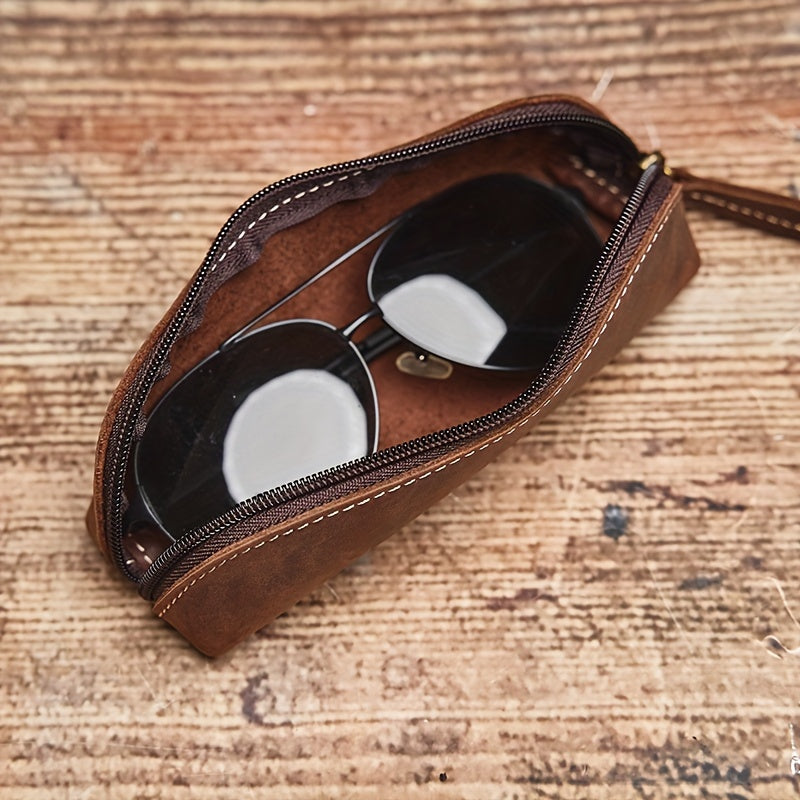 1 estojo de lápis de couro de vaca de camada superior em estilo vintage, 1 unidade, bolsa de armazenamento de óculos de couro genuíno premium, organizador de papelaria de couro Crazy Horse