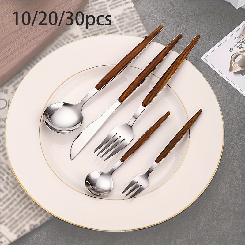 Conjunto de Talheres Portugueses de 10/20/30 Peças, Incluindo Facas de Jantar, Garfos de Jantar, Colheres de Sopa, Colheres de Chá e Garfinhos de Chá, com Design de Cabo com Textura de Madeira Sintética, Pode Ser Lavado na Máquina de Lavar Louça, Adequado para Várias Ocasiões como Casa, Cozinha