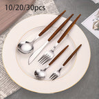 Conjunto de Talheres Portugueses de 10/20/30 Peças, Incluindo Facas de Jantar, Garfos de Jantar, Colheres de Sopa, Colheres de Chá e Garfinhos de Chá, com Design de Cabo com Textura de Madeira Sintética, Pode Ser Lavado na Máquina de Lavar Louça, Adequado para Várias Ocasiões como Casa, Cozinha