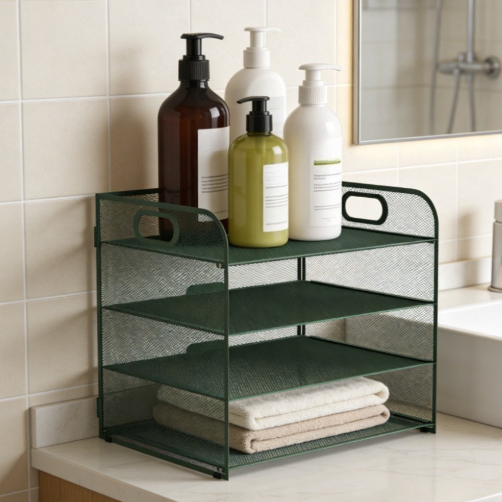Organizador de secretária multifuncional de 3/4/5 níveis com pega, bandeja para documentos, organizador de secretária em malha, bandeja de armazenamento, rack de ordenação de pastas, organizador de cosméticos, perfeito para escritórios, escolas e casas (Verde)