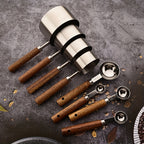 Conjunto de 1/4/8 unidades de Copos e Colheres de Medição com Cabo de Madeira de Acácia - Utensílios e Acessórios de Cozinha para Pastelaria com Ponta Prateada