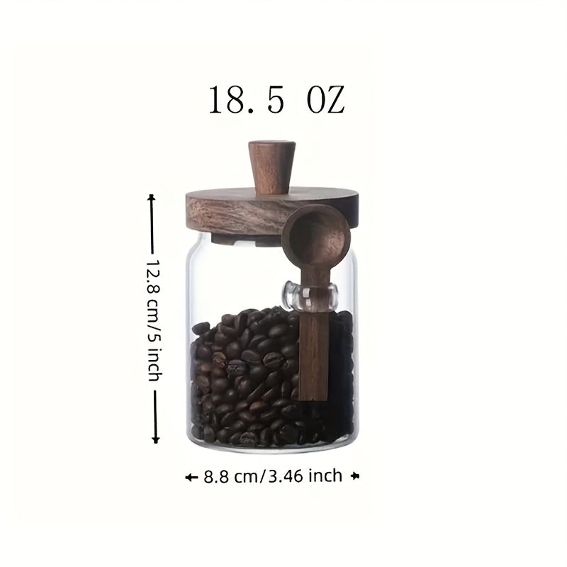 Um Frasco de Vidro com Tampa de Madeira e um Frasco Transparente com Colher, Projetado para Armazenamento de Alimentos na Cozinha, Incluindo Café, Chá, Açúcar e Frascos Decorativos de Organização de Bancada (450Ml-750Ml), Frascos de Especiarias, Recipientes para Papas de Aveia de Noite