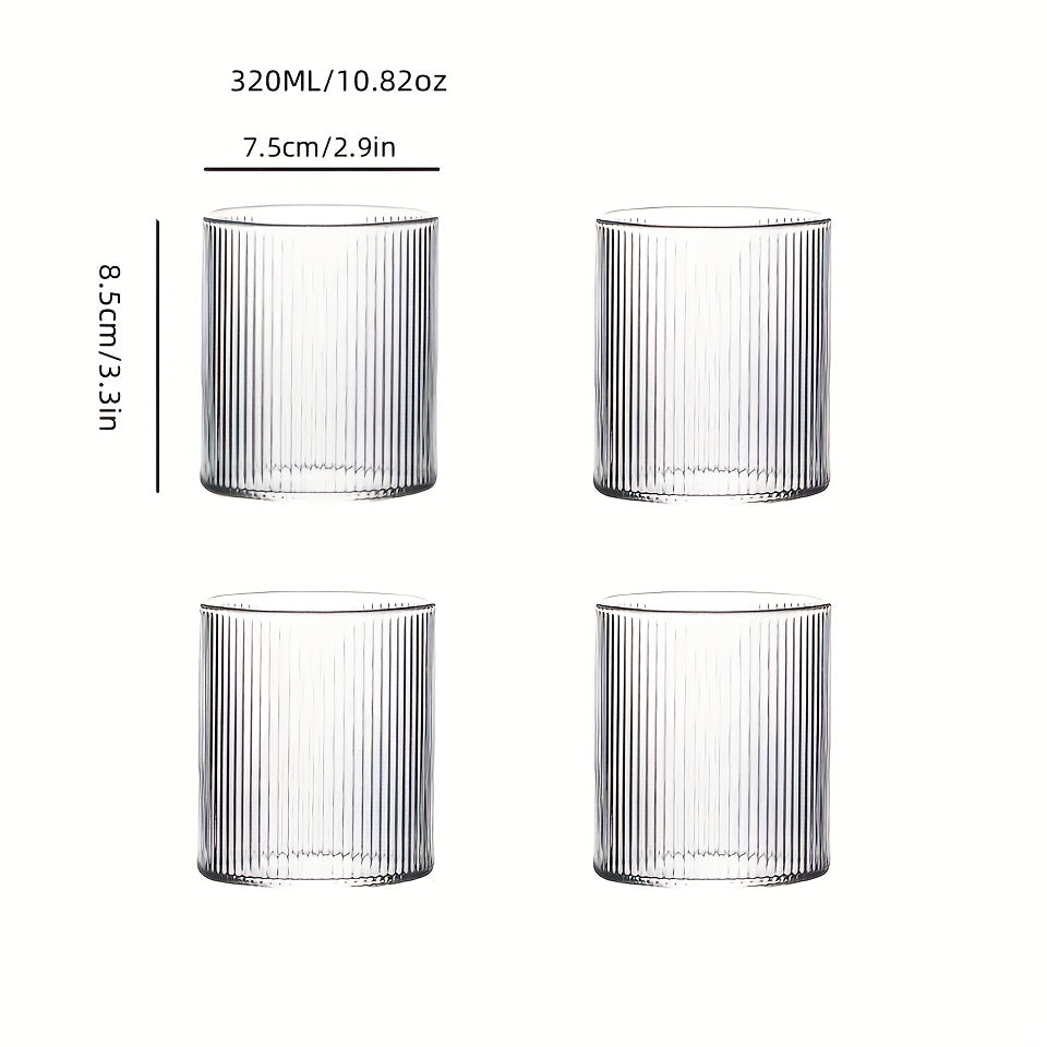Conjunto de 2/4 Copos de Vidro com Listras Verticais, 320ml, Copos de Vidro Transparente, Copos com Listras Verticais para Beber Bebidas Domésticas, Leite, Suco e Café com Facilidade, Design com Altura de 8,5cm, Copos de Vidro Texturizado Transparente