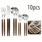 Conjunto de Talheres Portugueses de 10/20/30 Peças, Incluindo Facas de Jantar, Garfos de Jantar, Colheres de Sopa, Colheres de Chá e Garfinhos de Chá, com Design de Cabo com Textura de Madeira Sintética, Pode Ser Lavado na Máquina de Lavar Louça, Adequado para Várias Ocasiões como Casa, Cozinha