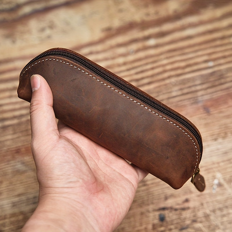 1 estojo de lápis de couro de vaca de camada superior em estilo vintage, 1 unidade, bolsa de armazenamento de óculos de couro genuíno premium, organizador de papelaria de couro Crazy Horse