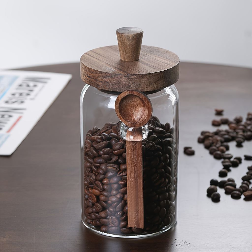Um Frasco de Vidro com Tampa de Madeira e um Frasco Transparente com Colher, Projetado para Armazenamento de Alimentos na Cozinha, Incluindo Café, Chá, Açúcar e Frascos Decorativos de Organização de Bancada (450Ml-750Ml), Frascos de Especiarias, Recipientes para Papas de Aveia de Noite