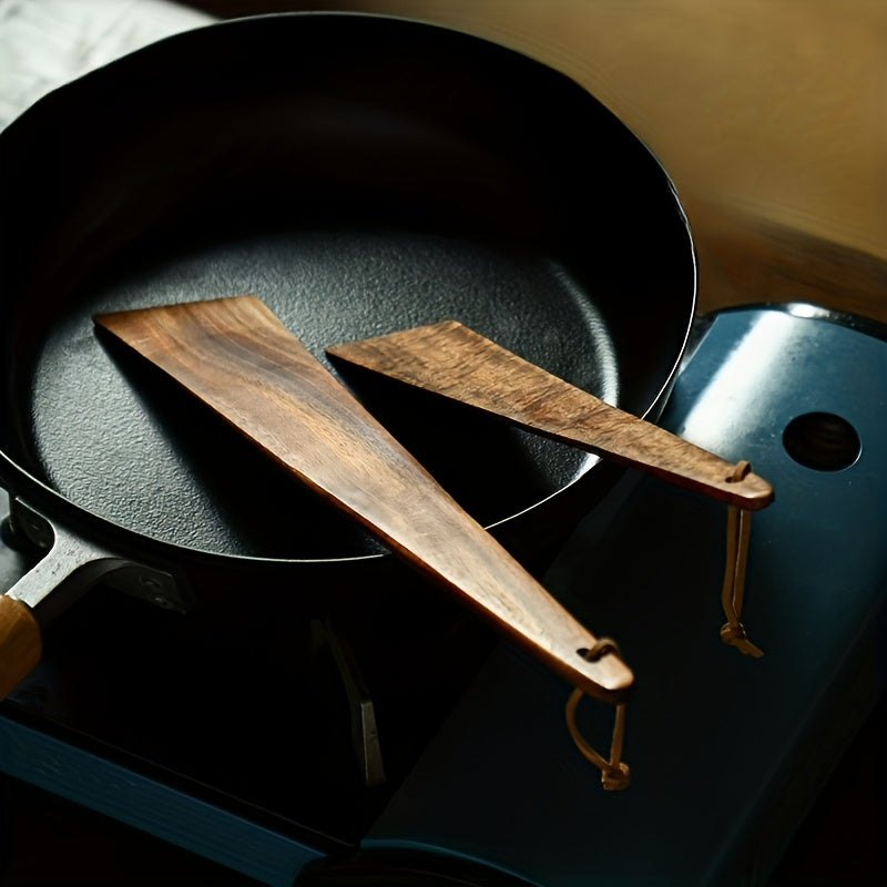 Espátula de Madeira de Acácia Artesanal, Leve e Pendurável para Camping ao Ar Livre, Utensílio Triangular Antiaderente para Cozinhar, Espátula Sólida para Mexer e Virar Frigideiras