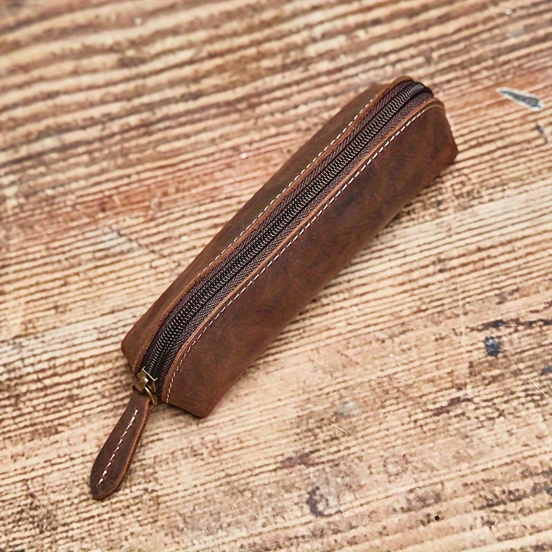 1 estojo de lápis de couro de vaca de camada superior em estilo vintage, 1 unidade, bolsa de armazenamento de óculos de couro genuíno premium, organizador de papelaria de couro Crazy Horse