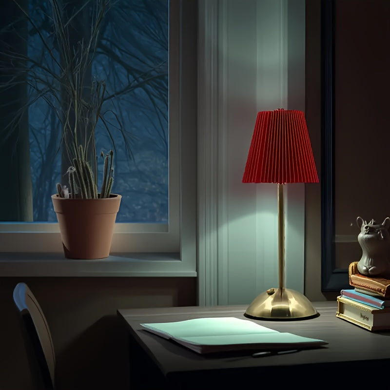 Luminária de Mesa LED Moderna com Pregas, Toque para Ligar/Desligar, 3 Temperaturas de Cor, Brilho Ajustável, Recarregável via USB (Sem Plugue), Uso Interno, Base de Metal, Abajur de Tecido Pregado - Luminária para Casa e Escritório