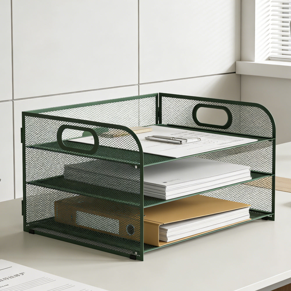 Organizador de secretária multifuncional de 3/4/5 níveis com pega, bandeja para documentos, organizador de secretária em malha, bandeja de armazenamento, rack de ordenação de pastas, organizador de cosméticos, perfeito para escritórios, escolas e casas (Verde)