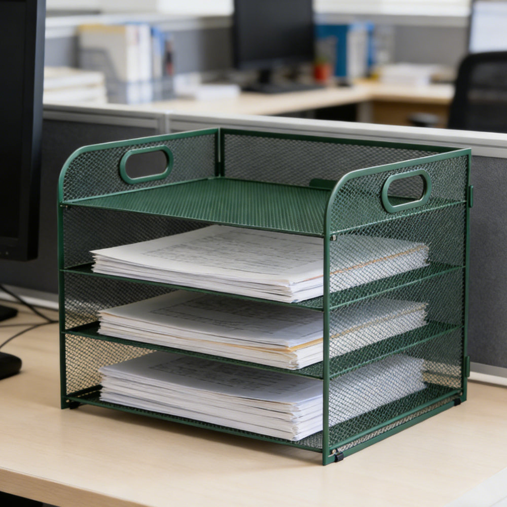 Organizador de secretária multifuncional de 3/4/5 níveis com pega, bandeja para documentos, organizador de secretária em malha, bandeja de armazenamento, rack de ordenação de pastas, organizador de cosméticos, perfeito para escritórios, escolas e casas (Verde)