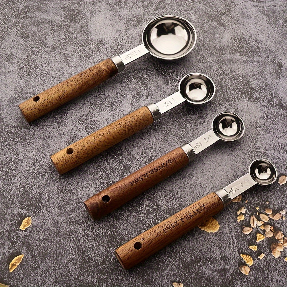 Conjunto de 1/4/8 unidades de Copos e Colheres de Medição com Cabo de Madeira de Acácia - Utensílios e Acessórios de Cozinha para Pastelaria com Ponta Prateada