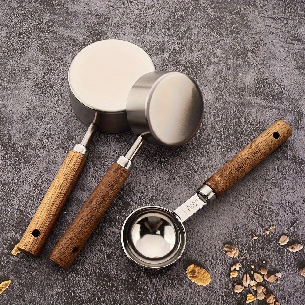 Conjunto de 1/4/8 unidades de Copos e Colheres de Medição com Cabo de Madeira de Acácia - Utensílios e Acessórios de Cozinha para Pastelaria com Ponta Prateada