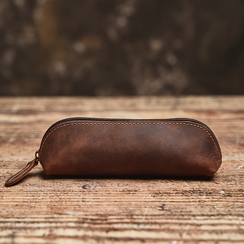 1 estojo de lápis de couro de vaca de camada superior em estilo vintage, 1 unidade, bolsa de armazenamento de óculos de couro genuíno premium, organizador de papelaria de couro Crazy Horse