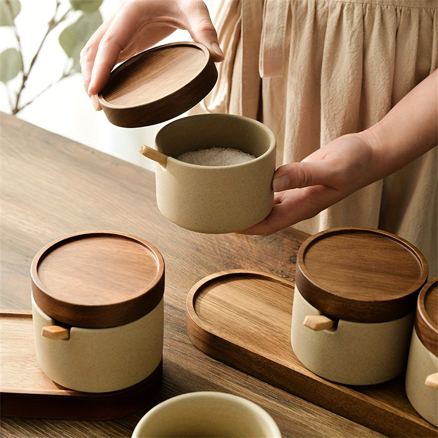 Pote de Especiarias de Cerâmica Grossa Estilo Japonês, Recipiente para Condimentos para Cozinha e Sala de Jantar, Frasco de Armazenamento de Sal e Açúcar, Mini Frasco de Especiarias com Colher, Adequado para Cozinha, Restaurante, Etc.