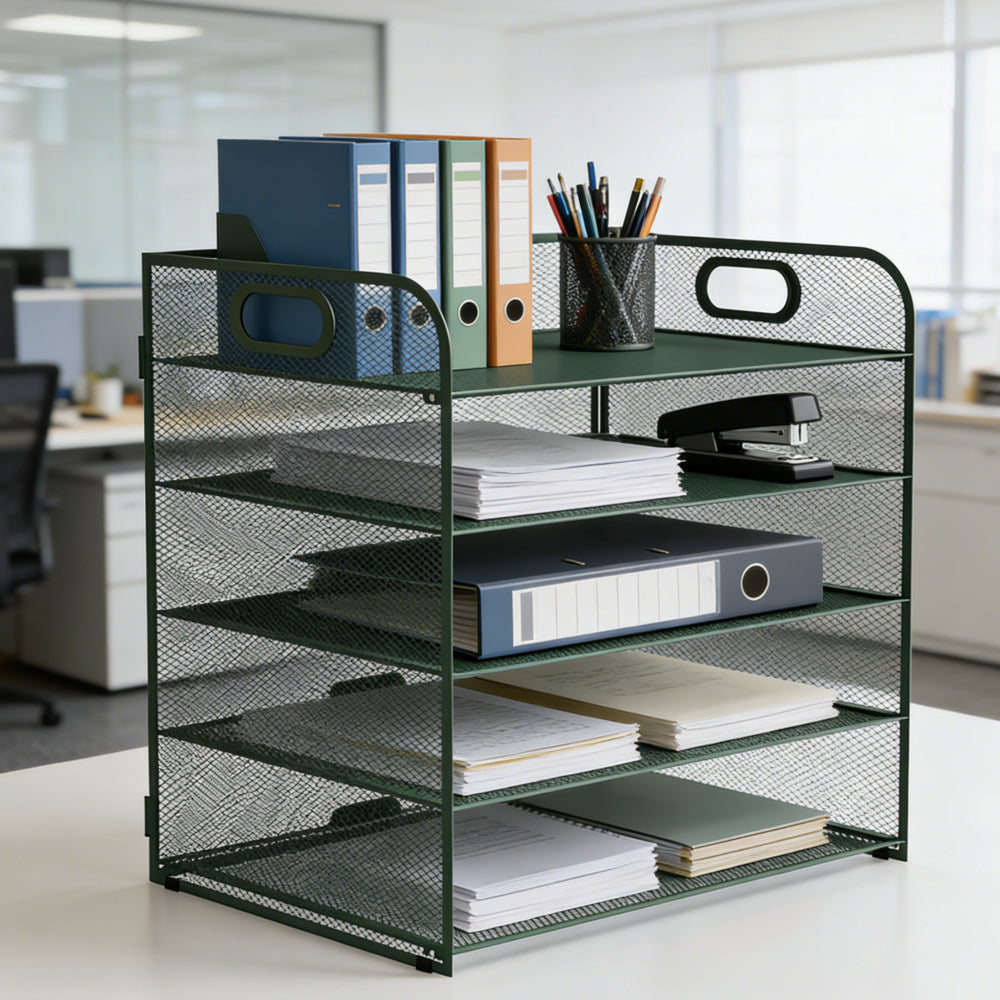 Organizador de secretária multifuncional de 3/4/5 níveis com pega, bandeja para documentos, organizador de secretária em malha, bandeja de armazenamento, rack de ordenação de pastas, organizador de cosméticos, perfeito para escritórios, escolas e casas (Verde)