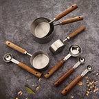 Conjunto de 1/4/8 unidades de Copos e Colheres de Medição com Cabo de Madeira de Acácia - Utensílios e Acessórios de Cozinha para Pastelaria com Ponta Prateada