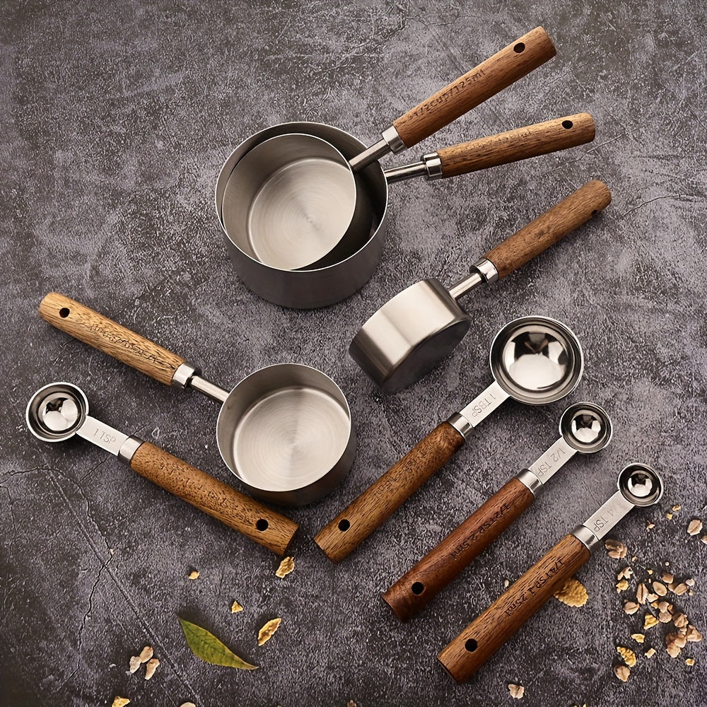 Conjunto de 1/4/8 unidades de Copos e Colheres de Medição com Cabo de Madeira de Acácia - Utensílios e Acessórios de Cozinha para Pastelaria com Ponta Prateada