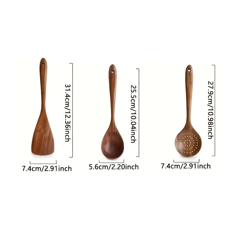 Conjunto de 3/5 Colheres de Madeira para Cozinha com Espátula para Wok, Utensílios de Cozinha em Teca Natural - Espátula, Escumadeira e Conjunto de Conchas, Ideal para o Natal, Perfeito para o Dia de Ação de Graças