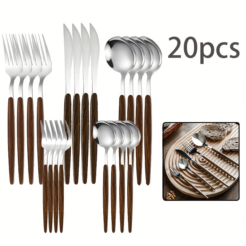 Conjunto de Talheres Portugueses de 10/20/30 Peças, Incluindo Facas de Jantar, Garfos de Jantar, Colheres de Sopa, Colheres de Chá e Garfinhos de Chá, com Design de Cabo com Textura de Madeira Sintética, Pode Ser Lavado na Máquina de Lavar Louça, Adequado para Várias Ocasiões como Casa, Cozinha