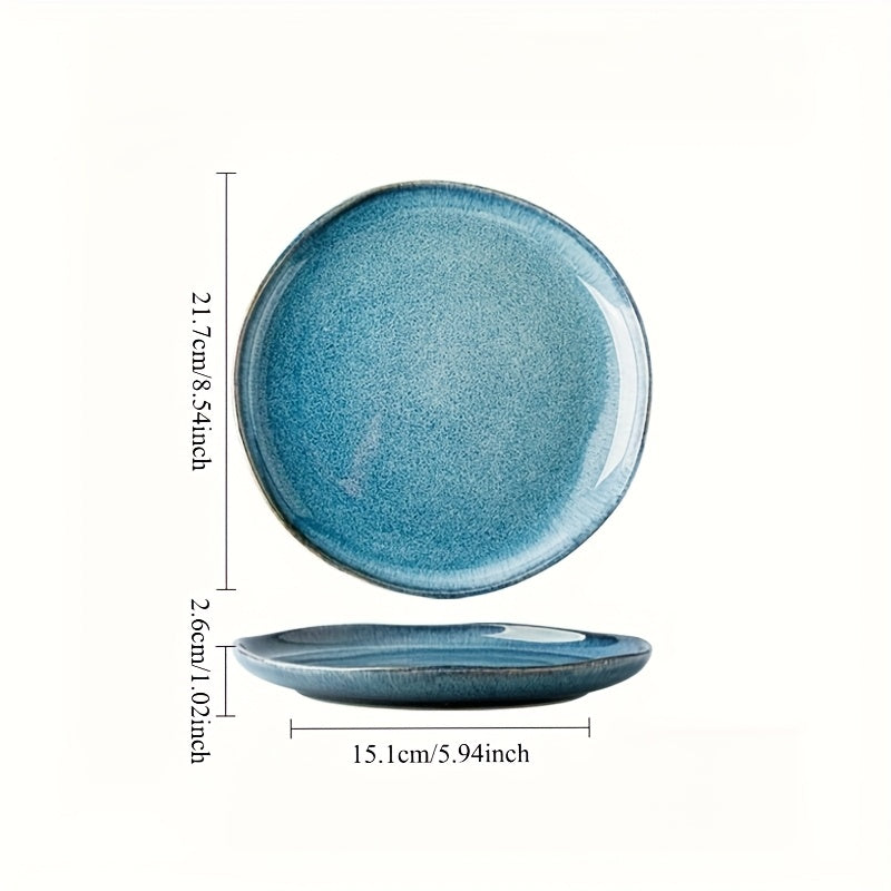 Disponível nas Quatro Estações - Prato Irregular Yunmeng - Design de Cerâmica Azul e Chama, Perfeito para Prato de Salada de Massa e Frutas, Louça da Moda, Cerâmica Feita por Artista, Prato de Cerâmica Irregular com Gradiente, Prato para Bife, Prato de Massa para Restaurante