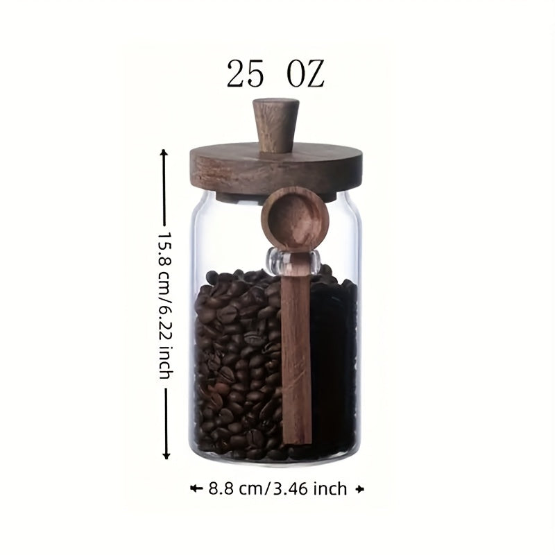Um Frasco de Vidro com Tampa de Madeira e um Frasco Transparente com Colher, Projetado para Armazenamento de Alimentos na Cozinha, Incluindo Café, Chá, Açúcar e Frascos Decorativos de Organização de Bancada (450Ml-750Ml), Frascos de Especiarias, Recipientes para Papas de Aveia de Noite