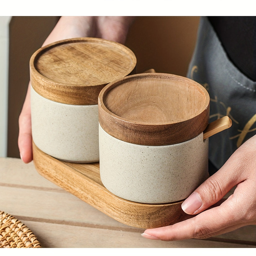 Pote de Especiarias de Cerâmica Grossa Estilo Japonês, Recipiente para Condimentos para Cozinha e Sala de Jantar, Frasco de Armazenamento de Sal e Açúcar, Mini Frasco de Especiarias com Colher, Adequado para Cozinha, Restaurante, Etc.