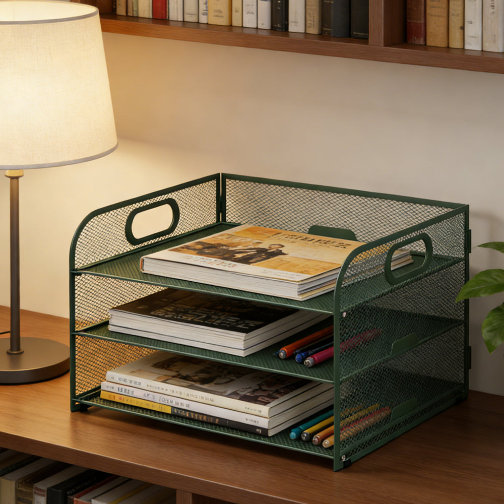 Organizador de secretária multifuncional de 3/4/5 níveis com pega, bandeja para documentos, organizador de secretária em malha, bandeja de armazenamento, rack de ordenação de pastas, organizador de cosméticos, perfeito para escritórios, escolas e casas (Verde)