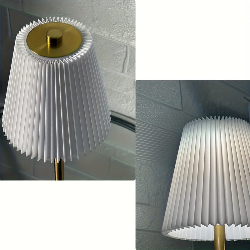 Luminária de Mesa LED Moderna com Pregas, Toque para Ligar/Desligar, 3 Temperaturas de Cor, Brilho Ajustável, Recarregável via USB (Sem Plugue), Uso Interno, Base de Metal, Abajur de Tecido Pregado - Luminária para Casa e Escritório