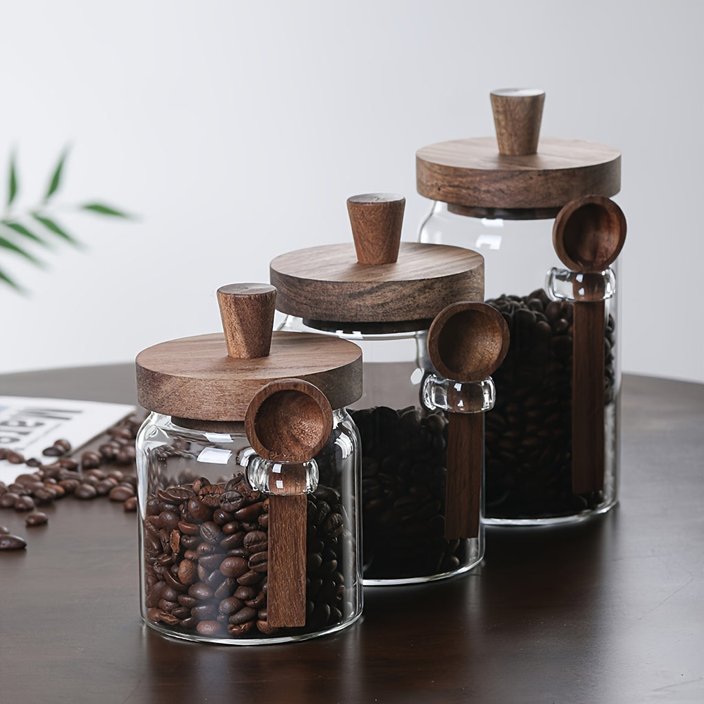 Um Frasco de Vidro com Tampa de Madeira e um Frasco Transparente com Colher, Projetado para Armazenamento de Alimentos na Cozinha, Incluindo Café, Chá, Açúcar e Frascos Decorativos de Organização de Bancada (450Ml-750Ml), Frascos de Especiarias, Recipientes para Papas de Aveia de Noite