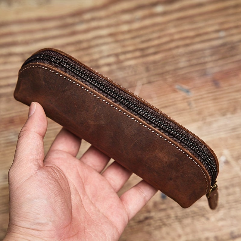 1 estojo de lápis de couro de vaca de camada superior em estilo vintage, 1 unidade, bolsa de armazenamento de óculos de couro genuíno premium, organizador de papelaria de couro Crazy Horse