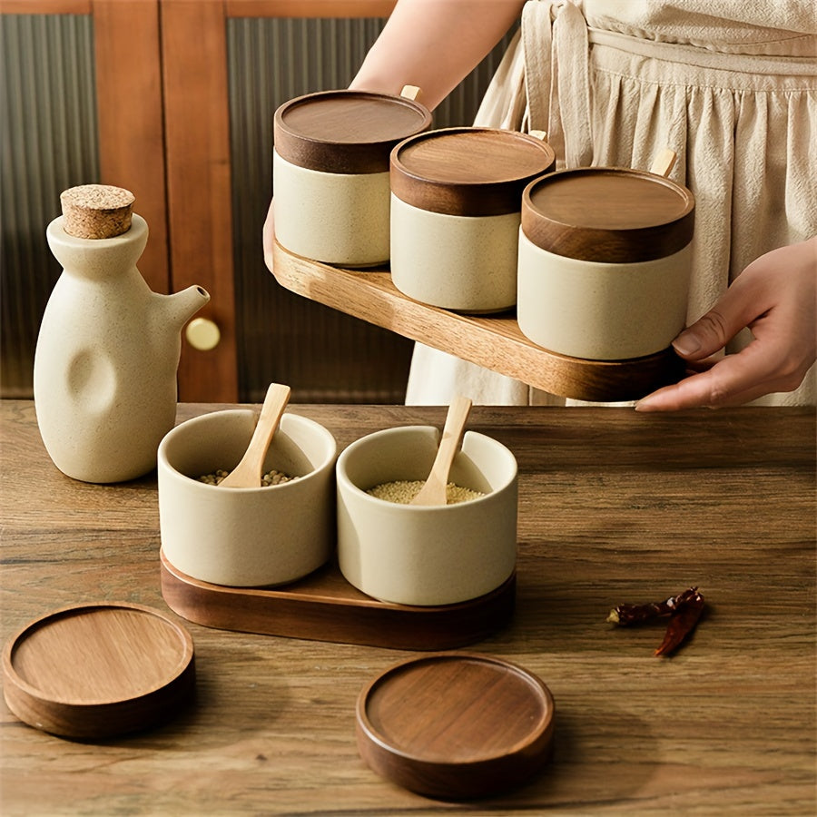 Pote de Especiarias de Cerâmica Grossa Estilo Japonês, Recipiente para Condimentos para Cozinha e Sala de Jantar, Frasco de Armazenamento de Sal e Açúcar, Mini Frasco de Especiarias com Colher, Adequado para Cozinha, Restaurante, Etc.