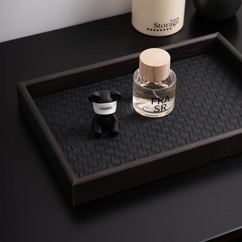 Bandeja de Madeira Preta Moderna com Textura Geométrica - Expositor Retangular Multiuso para Joias, Maquiagem, Skincare e Chaves - Decoração Bohemia para Casa, Cômoda ou Escritório - Estrutura de Madeira Durável, Bandejas para Joias