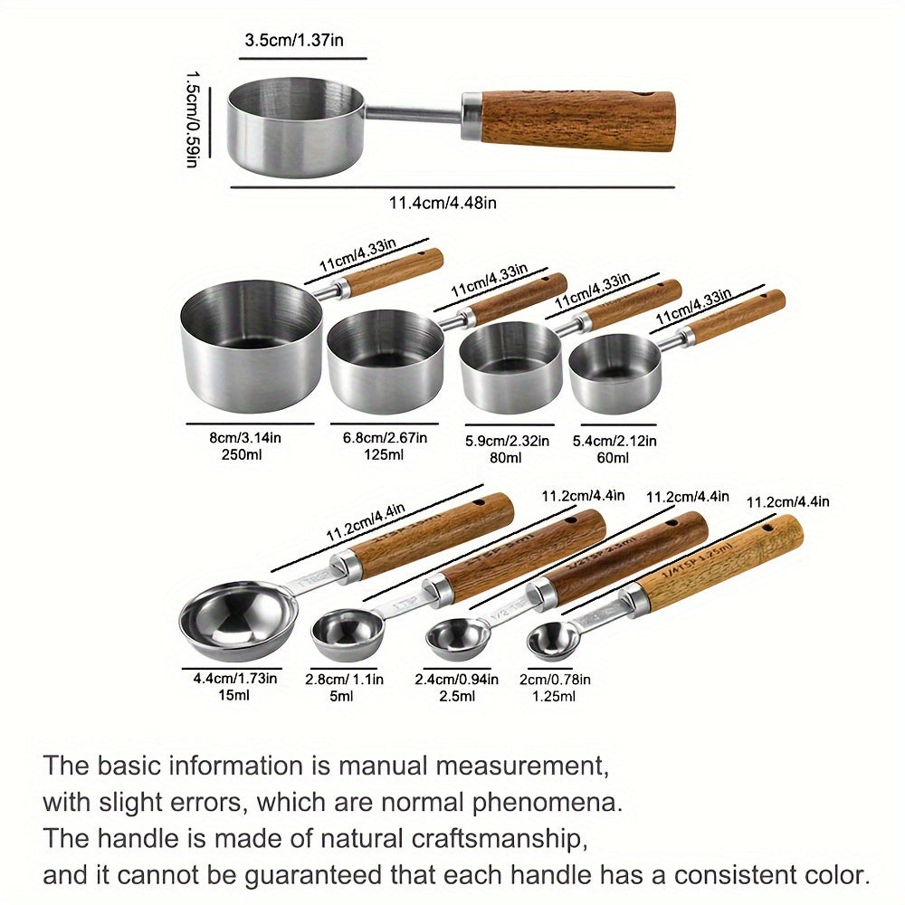 Conjunto de 1/4/8 unidades de Copos e Colheres de Medição com Cabo de Madeira de Acácia - Utensílios e Acessórios de Cozinha para Pastelaria com Ponta Prateada