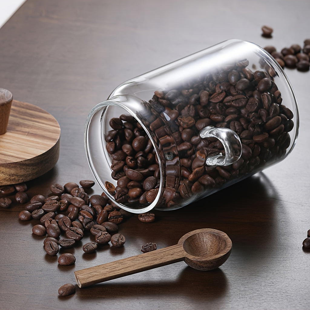 Um Frasco de Vidro com Tampa de Madeira e um Frasco Transparente com Colher, Projetado para Armazenamento de Alimentos na Cozinha, Incluindo Café, Chá, Açúcar e Frascos Decorativos de Organização de Bancada (450Ml-750Ml), Frascos de Especiarias, Recipientes para Papas de Aveia de Noite
