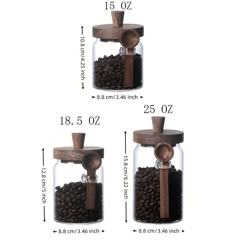 Um Frasco de Vidro com Tampa de Madeira e um Frasco Transparente com Colher, Projetado para Armazenamento de Alimentos na Cozinha, Incluindo Café, Chá, Açúcar e Frascos Decorativos de Organização de Bancada (450Ml-750Ml), Frascos de Especiarias, Recipientes para Papas de Aveia de Noite